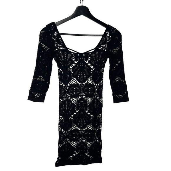 Free People Intimately Black Crochet Long Sleeve Bodycon Mini Dress XS - Picture 2 of 8